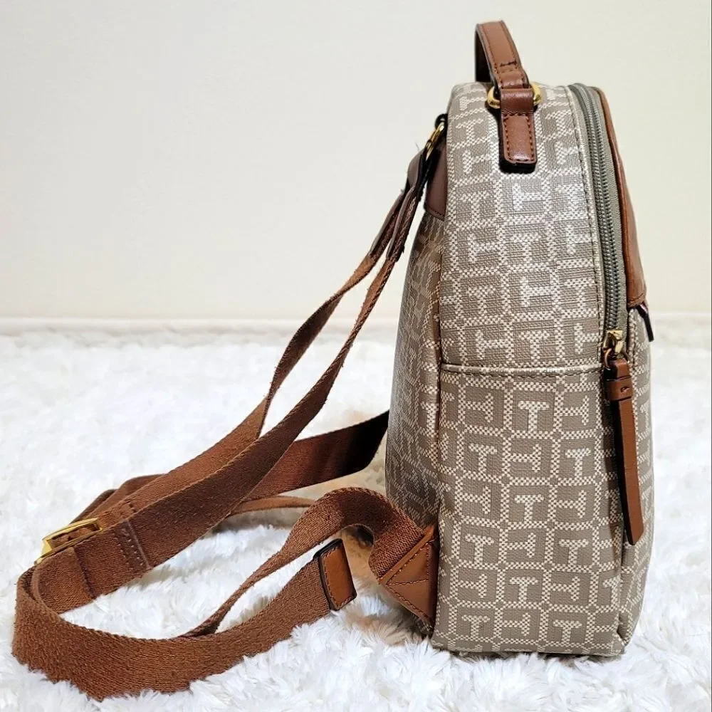 Tommy Hilfiger Tan Printed Noe Beige Bucket Faux Leather Bag Mini Backpack
